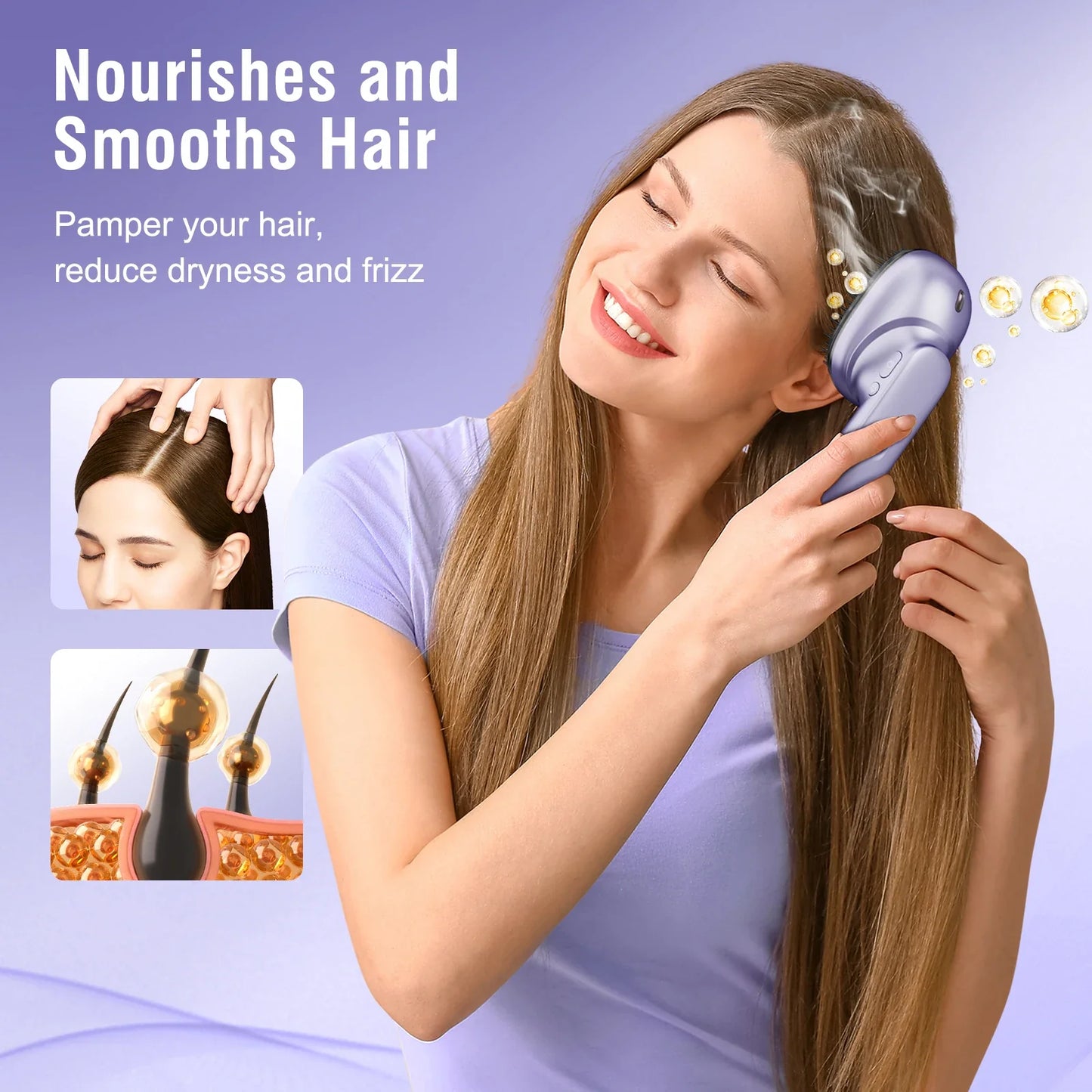 Scalp Massage Brush with Essential Oil Sprayer | 2 Vibration Settings, 4 Oil Cartridges, USB Rechargeable & Washable