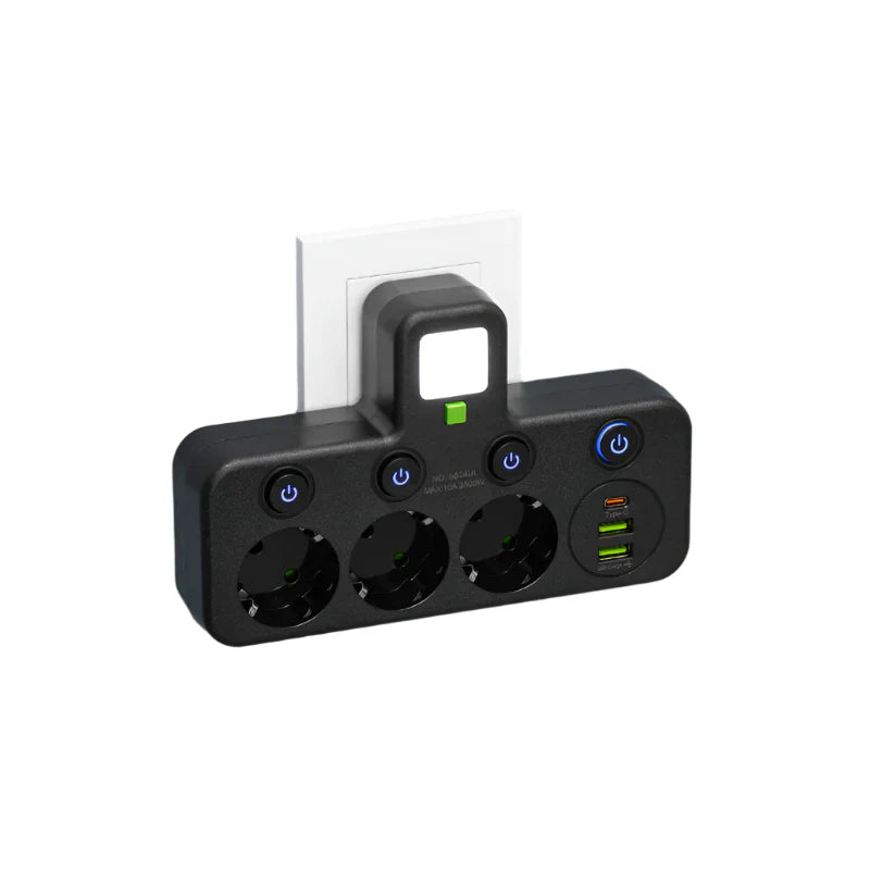 Power Strip with 3-4 Outlets + 2 USB & 1 Type-C | 2500 W | Surge Protection & Switch