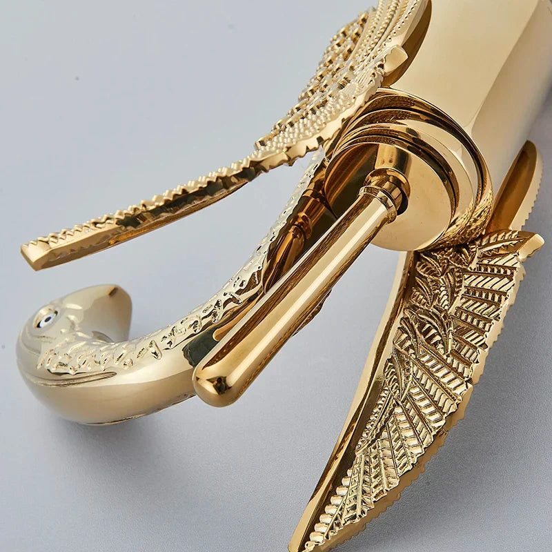 Single Handle Golden Basin Faucet in Swan Design