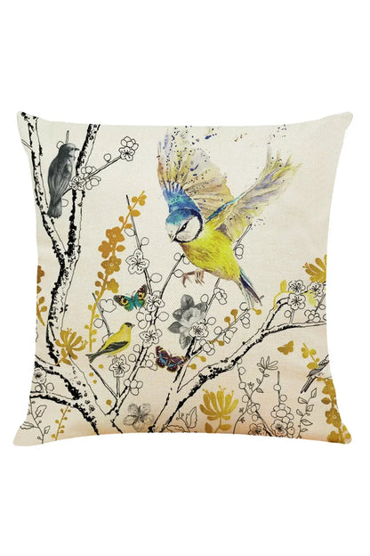 Leaf Design Pillow Cover with Bird Motif