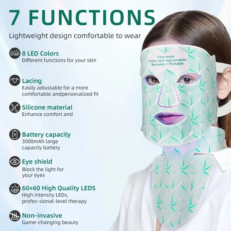 Rechargeable Silicone Skincare Mask for Face and Neck – 8-Color LED with Timer