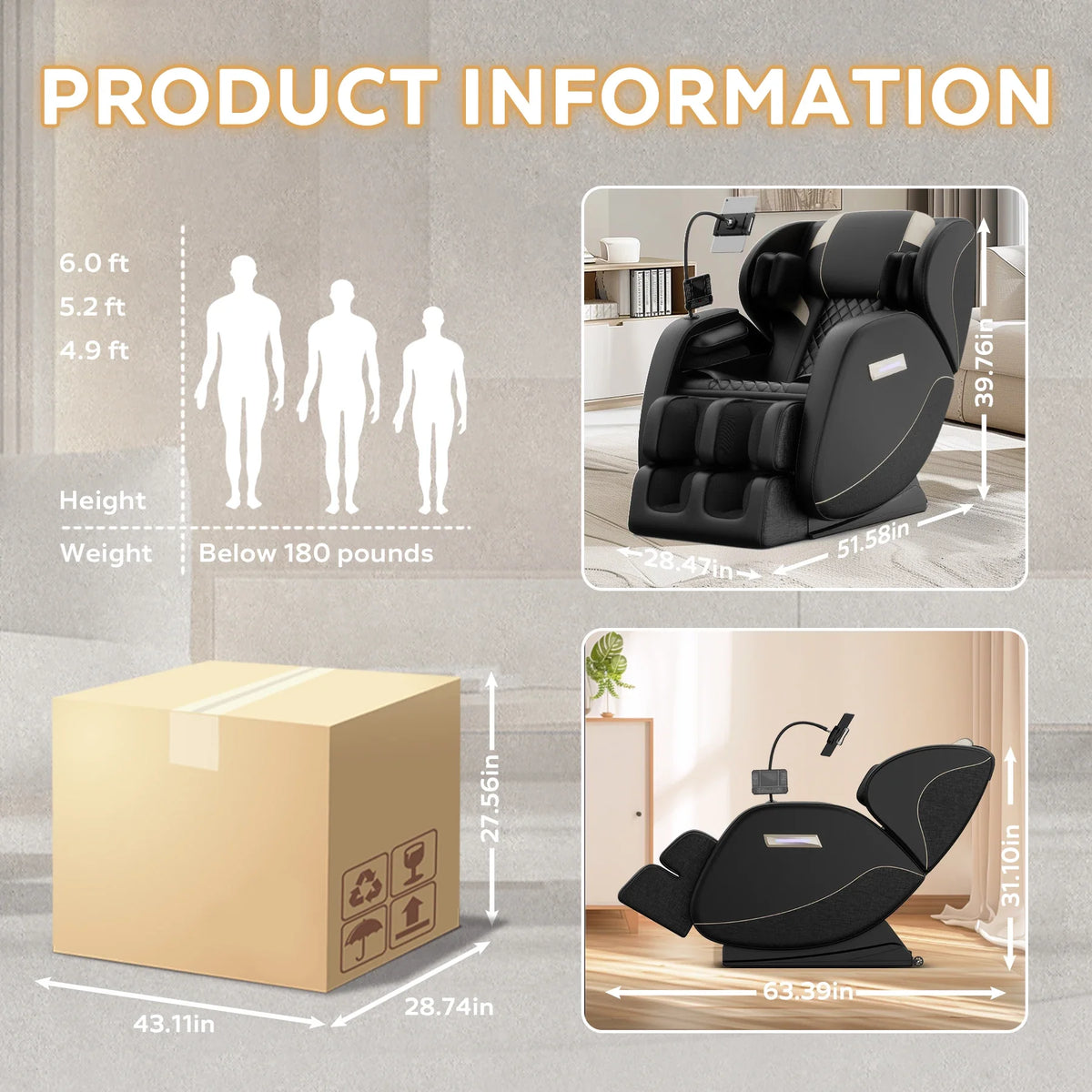 Full Body Massage Chair with Zero Gravity, 6 Rollers, 24 Airbags, Heating for Waist and Legs, Foot Rollers, Bluetooth and Touchscreen