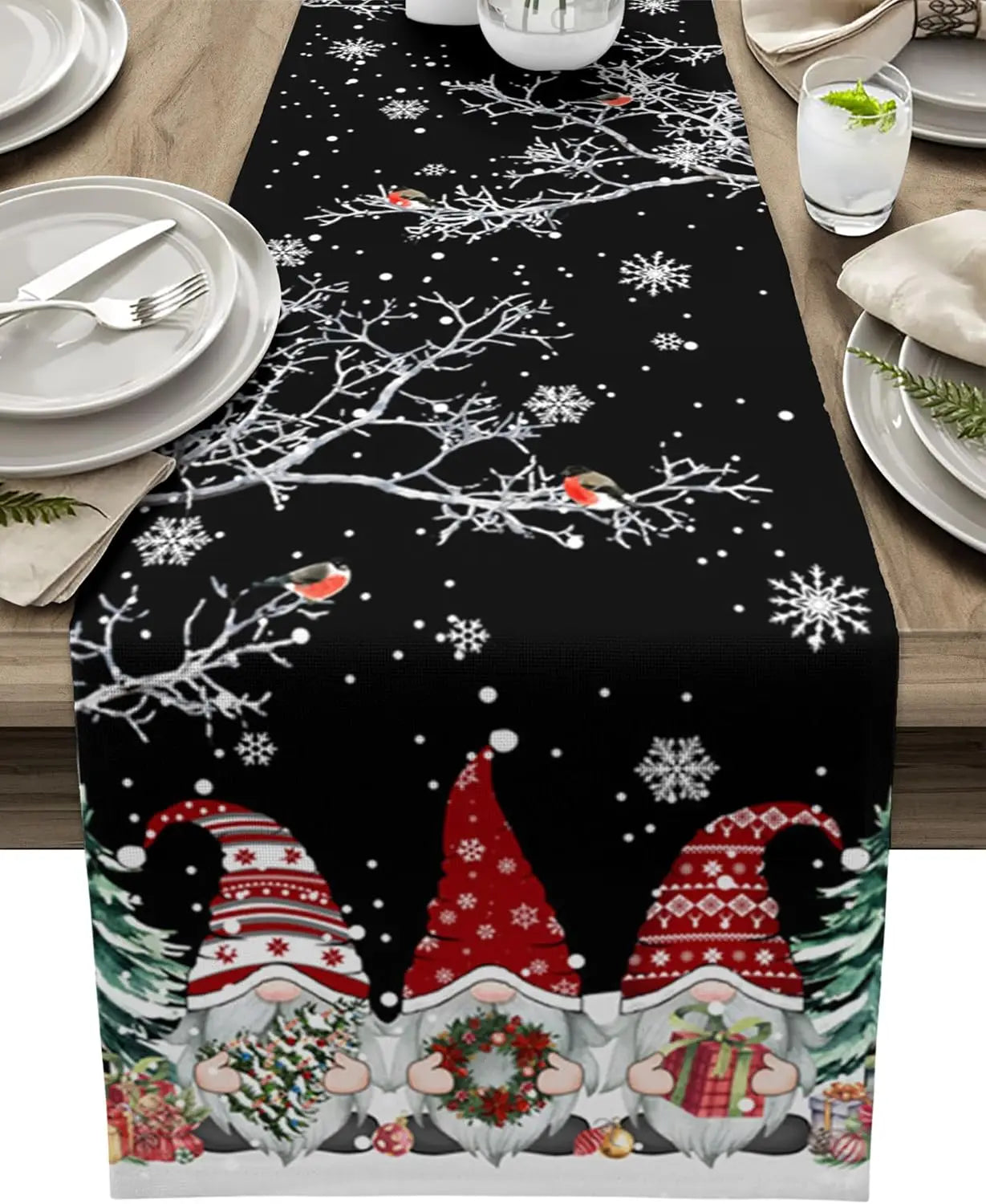 Christmas Table Runner – Luxurious Linen Runner with Snowflake and Gnome Design