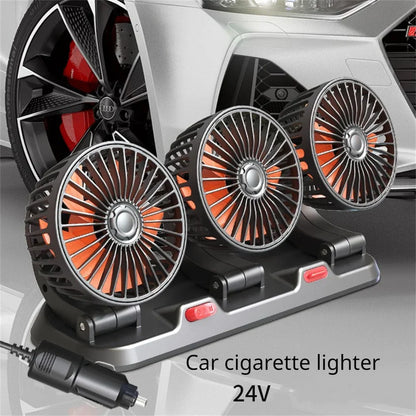 Automotive Electric Fan - 3-Head 360° Adjustable USB/12V/24V - Quiet Cooling for Home, Office & Car - 2 Speed Settings
