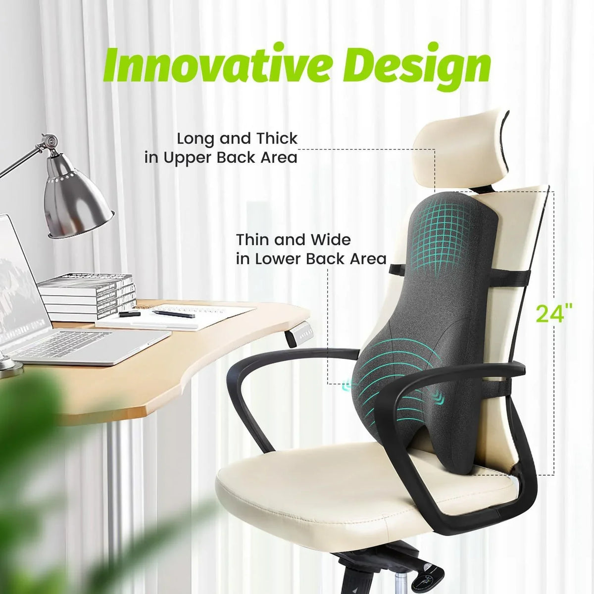24-Inch Lumbar Support Cushion with Memory Foam, Breathable Mesh, and Non-Slip Straps