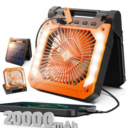 Portable 20000mAh Electric Fan with LED Light - USB, Solar & Car Charging for Camping