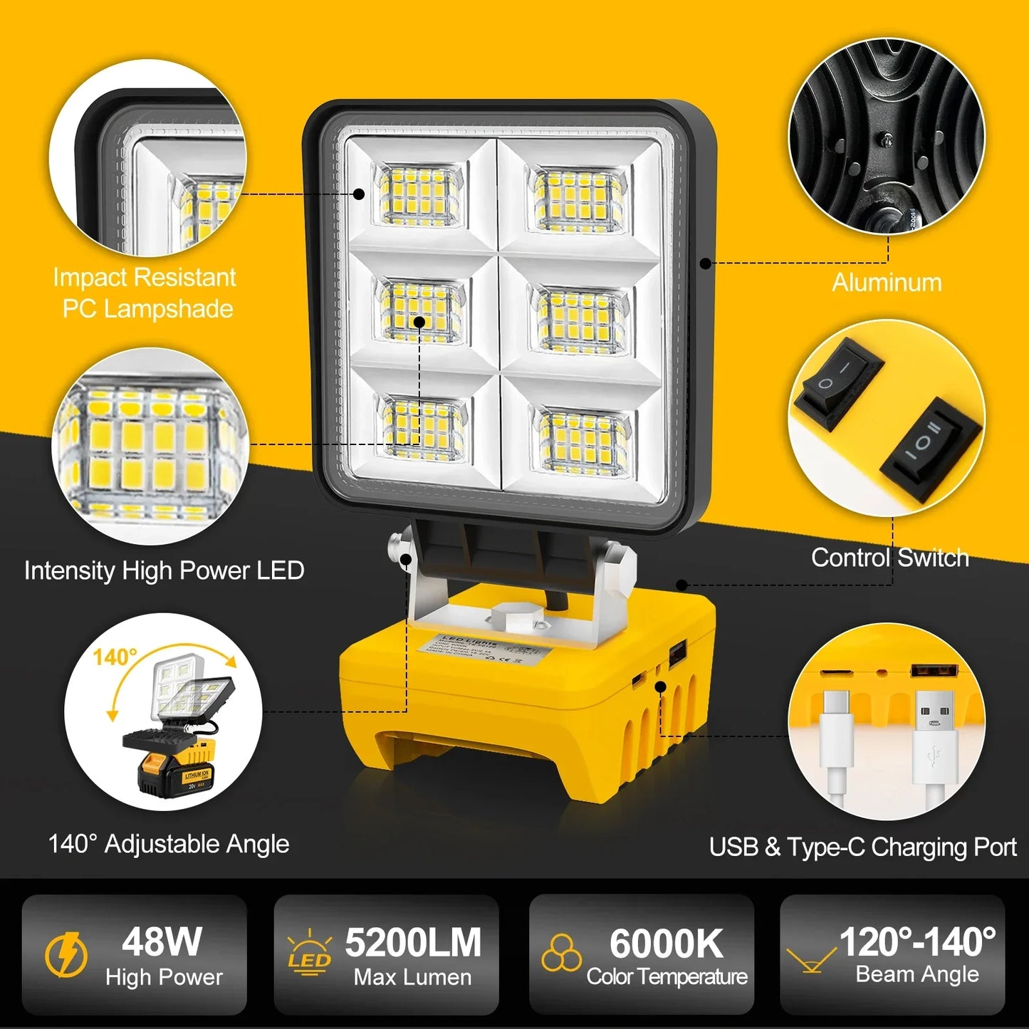 Portable LED Work Light 48 | 5200 Lumens | Compatible with DeWalt Batteries