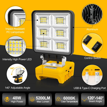 Portable LED Work Light 48 | 5200 Lumens | Compatible with DeWalt Batteries