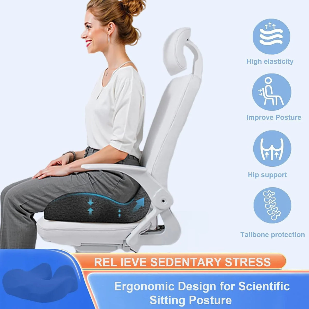 Ergonomic Seat Cushion with Extra Thick Memory Foam for Coccyx and Hip Support
