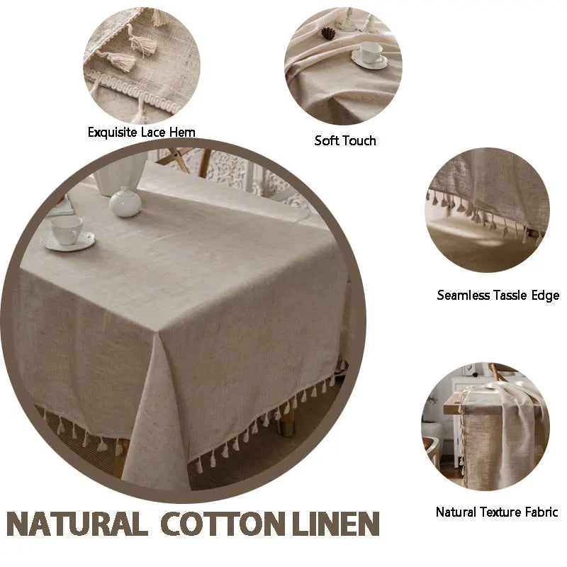 Cotton-Linen Rectangular Tablecloth with Tassels for Dining & Coffee Tables