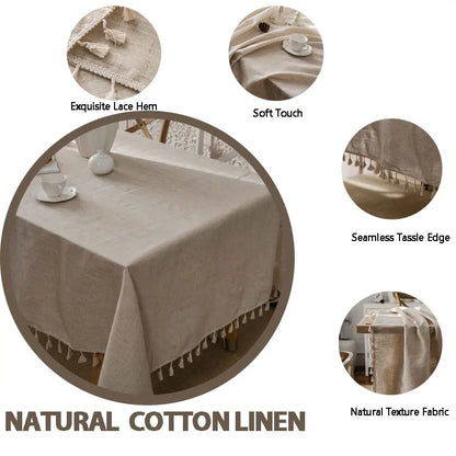 Cotton-Linen Rectangular Tablecloth with Tassels for Dining & Coffee Tables