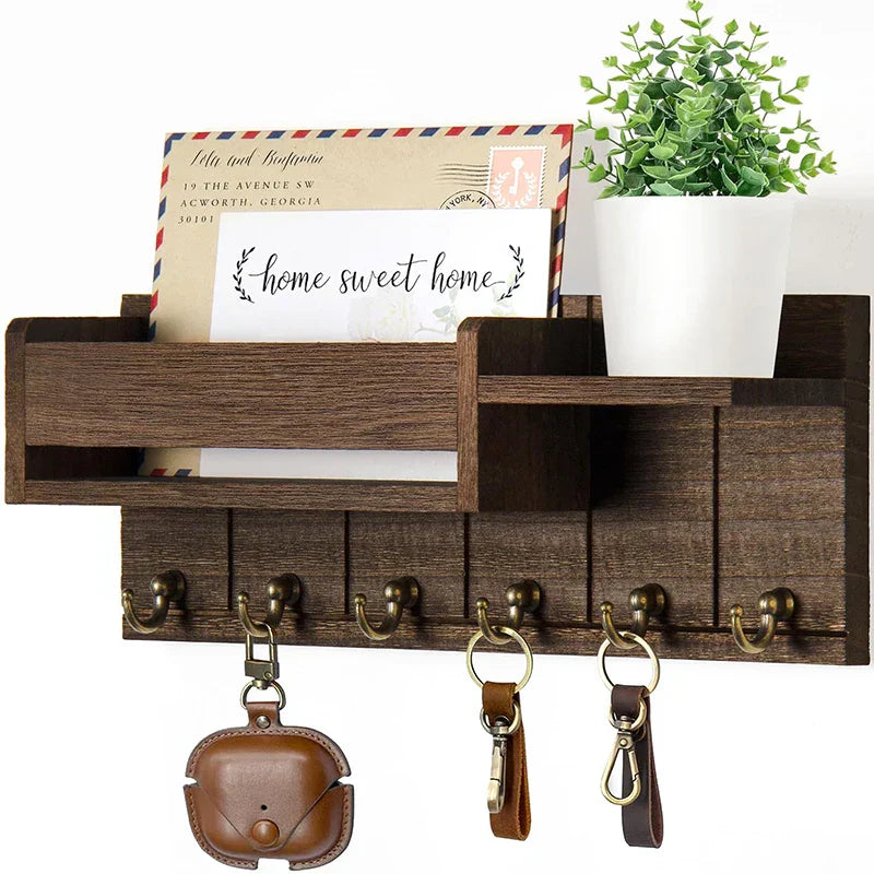 Wooden Key Holder with Shelf | Wall-Mounted Organizer Featuring 6 Hooks