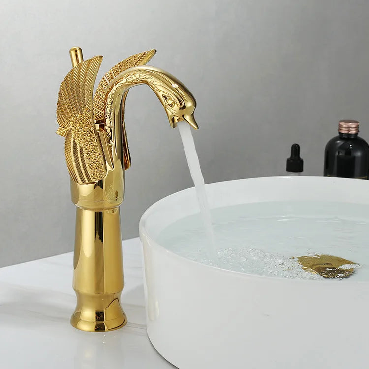 Single Handle Golden Basin Faucet in Swan Design