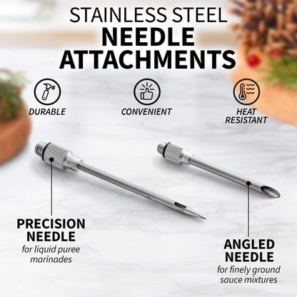Marinade Injector with 2 Needles & Cleaning Brush | For Liquid & Thick Marinades | Stainless Steel & Silicone