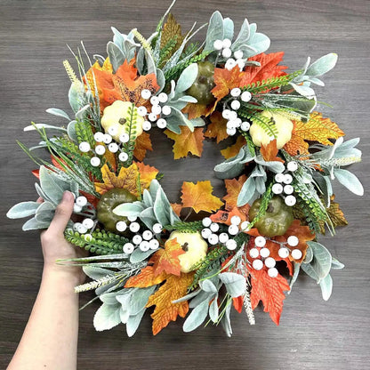 Autumn Wreath with Pumpkins and Maple Leaves – Fall Door Decor