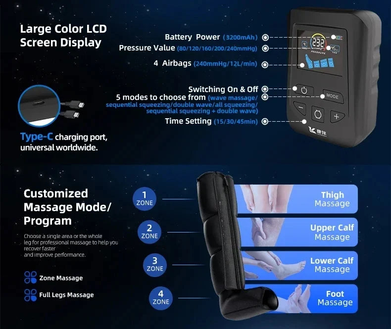Leg Massager Boots with Air Compression – 4 Chambers, 30–240 mmHg, 5 Levels & LCD Timer