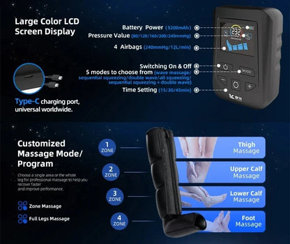 Leg Massager Boots with Air Compression – 4 Chambers, 30–240 mmHg, 5 Levels & LCD Timer