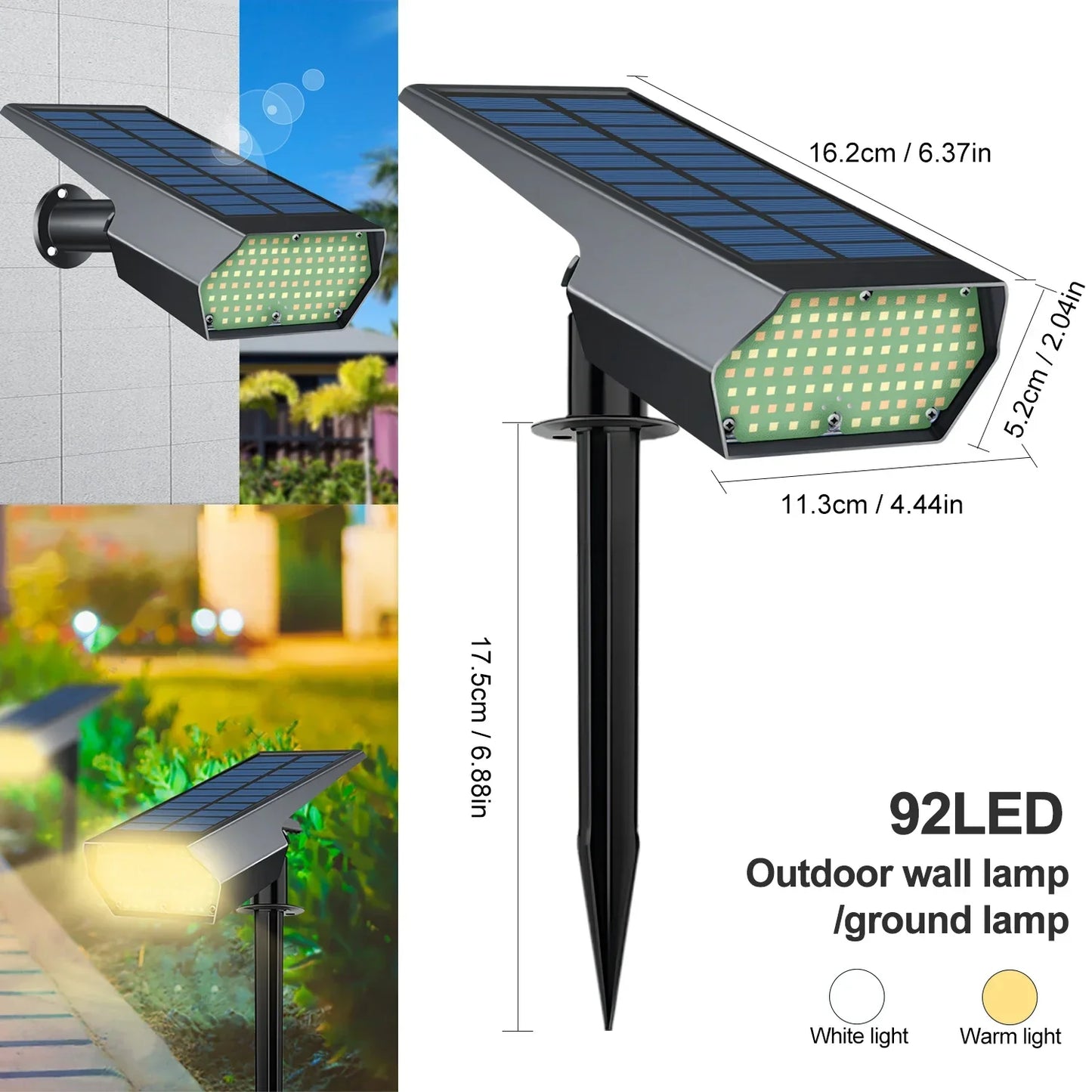 Solar LED Garden Spotlight with 92 LEDs | Adjustable Warm and Cool White