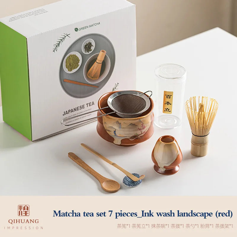 Standard Size 7-Piece Ceramic Matcha Bowl and Whisk Set for Tea Ceremony