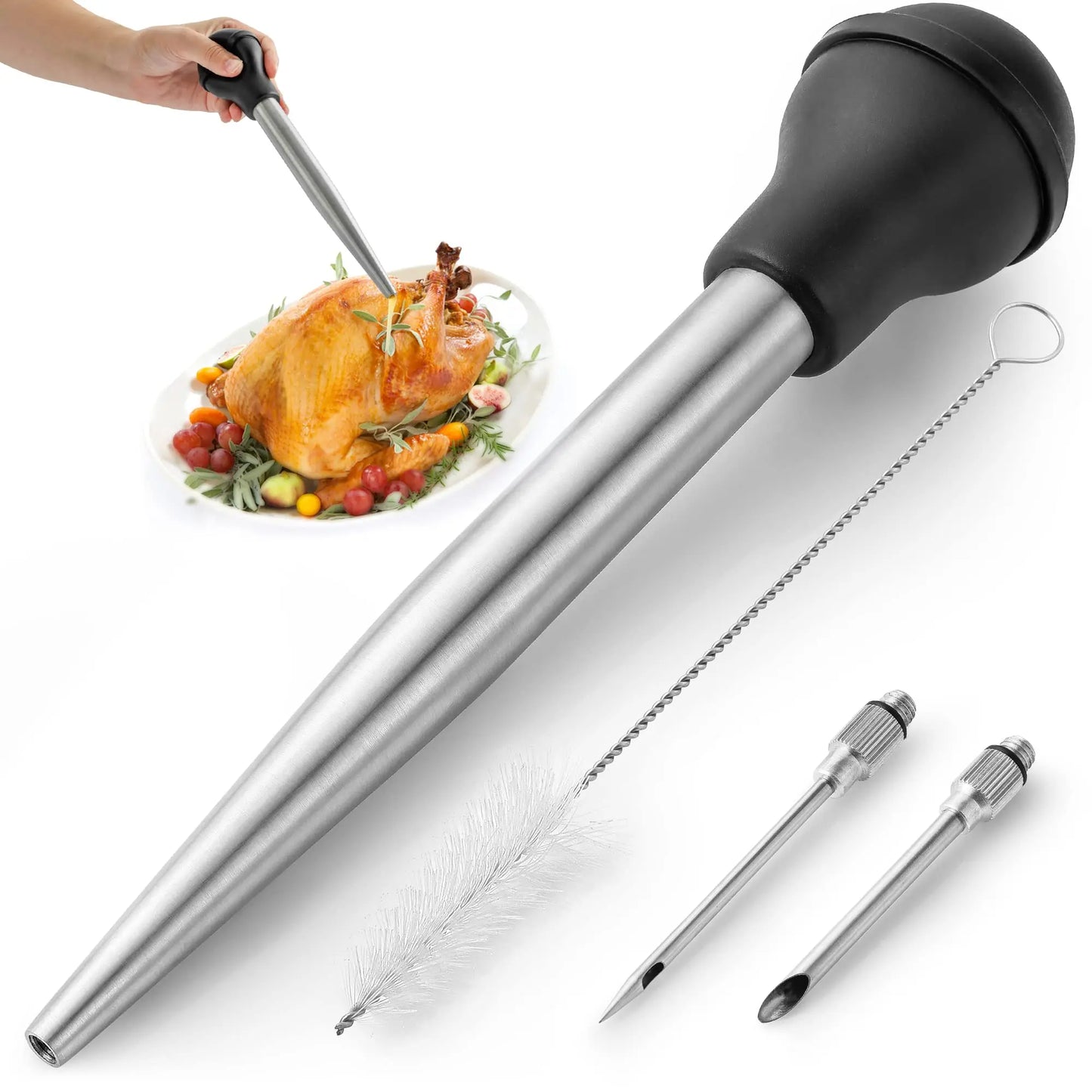 Marinade Injector with 2 Needles & Cleaning Brush | For Liquid & Thick Marinades | Stainless Steel & Silicone