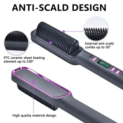 Hair Straightening Brush with LED Temperature Display & Anti-Scald Protection | 360° Rotating Cable