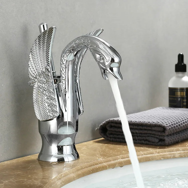 Single Handle Golden Basin Faucet in Swan Design