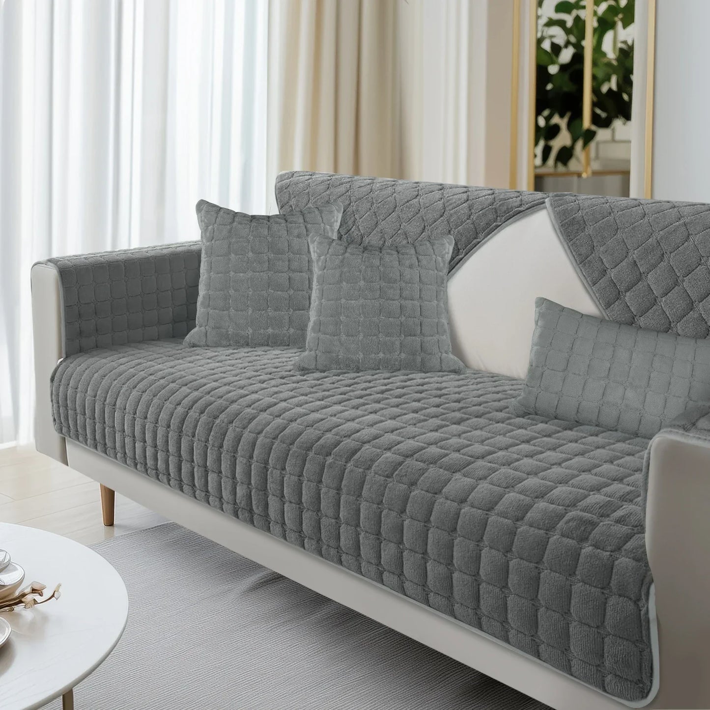 Plush Sofa Cover with Quilted Design – Non-Slip, Washable Protector for Couch & Sectional