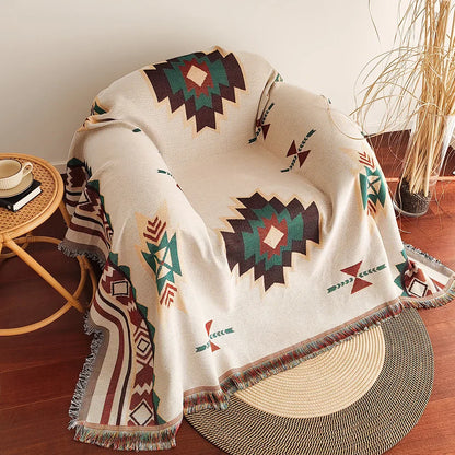 XXL Southwest Ethnic Design Throw Blanket with Fringe Edges - Boho Aztec Checkered Cotton Blend