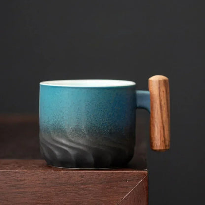 Retro Ceramic Espresso Mugs Featuring Wooden Handles