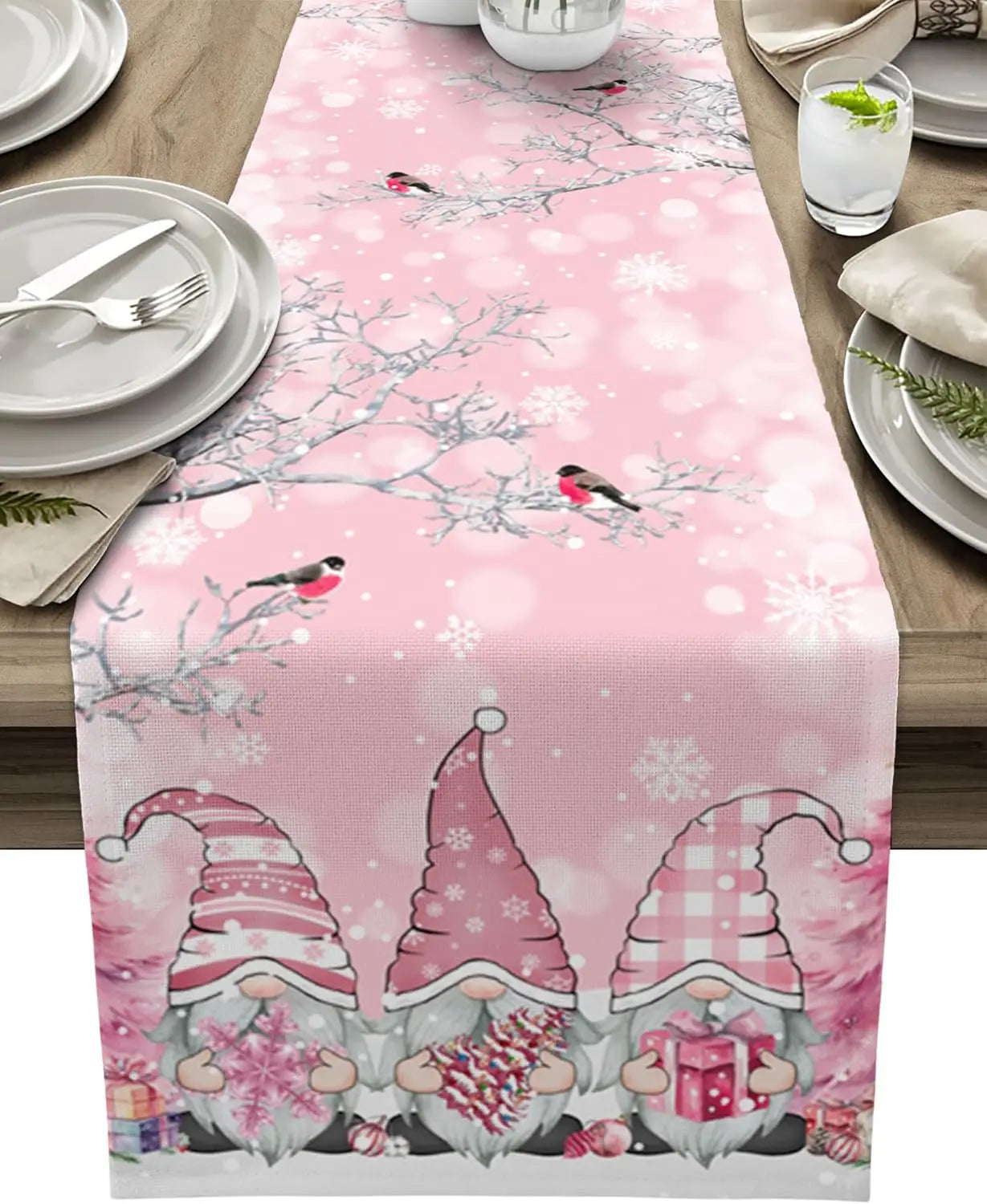 Christmas Table Runner – Luxurious Linen Runner with Snowflake and Gnome Design