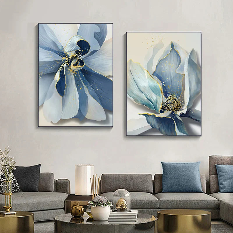 Modern Botanical Abstract Canvas Prints - Large Blue Floral Wall Art for Home Decor