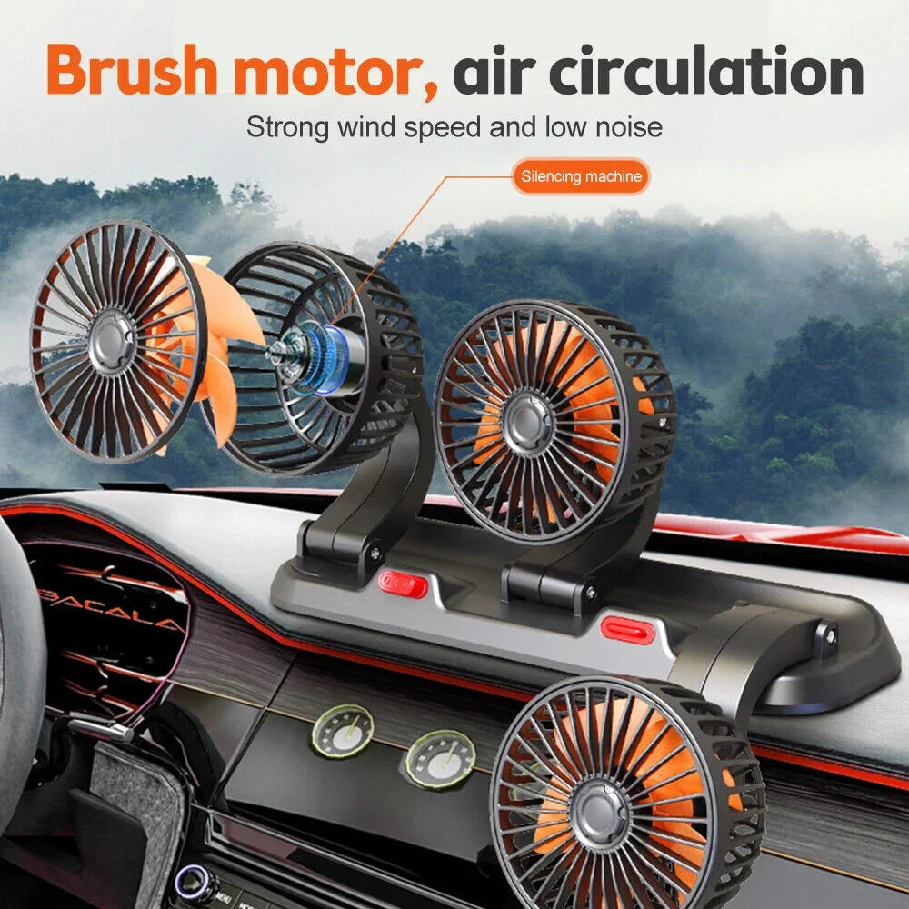 Automotive Electric Fan - 3-Head 360° Adjustable USB/12V/24V - Quiet Cooling for Home, Office & Car - 2 Speed Settings