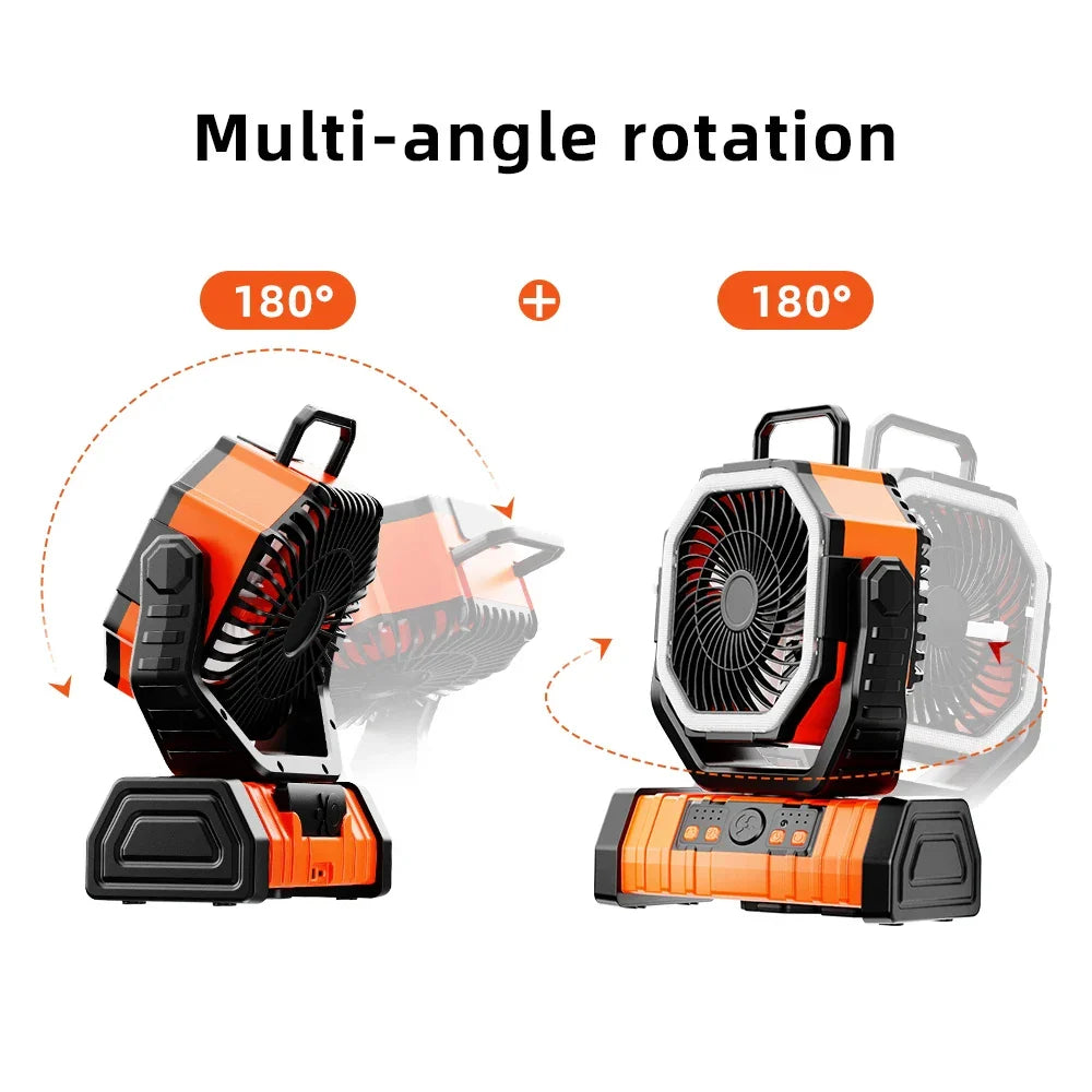 Portable 20000mAh Rechargeable Fan with LED Light & Hook for Outdoor Use