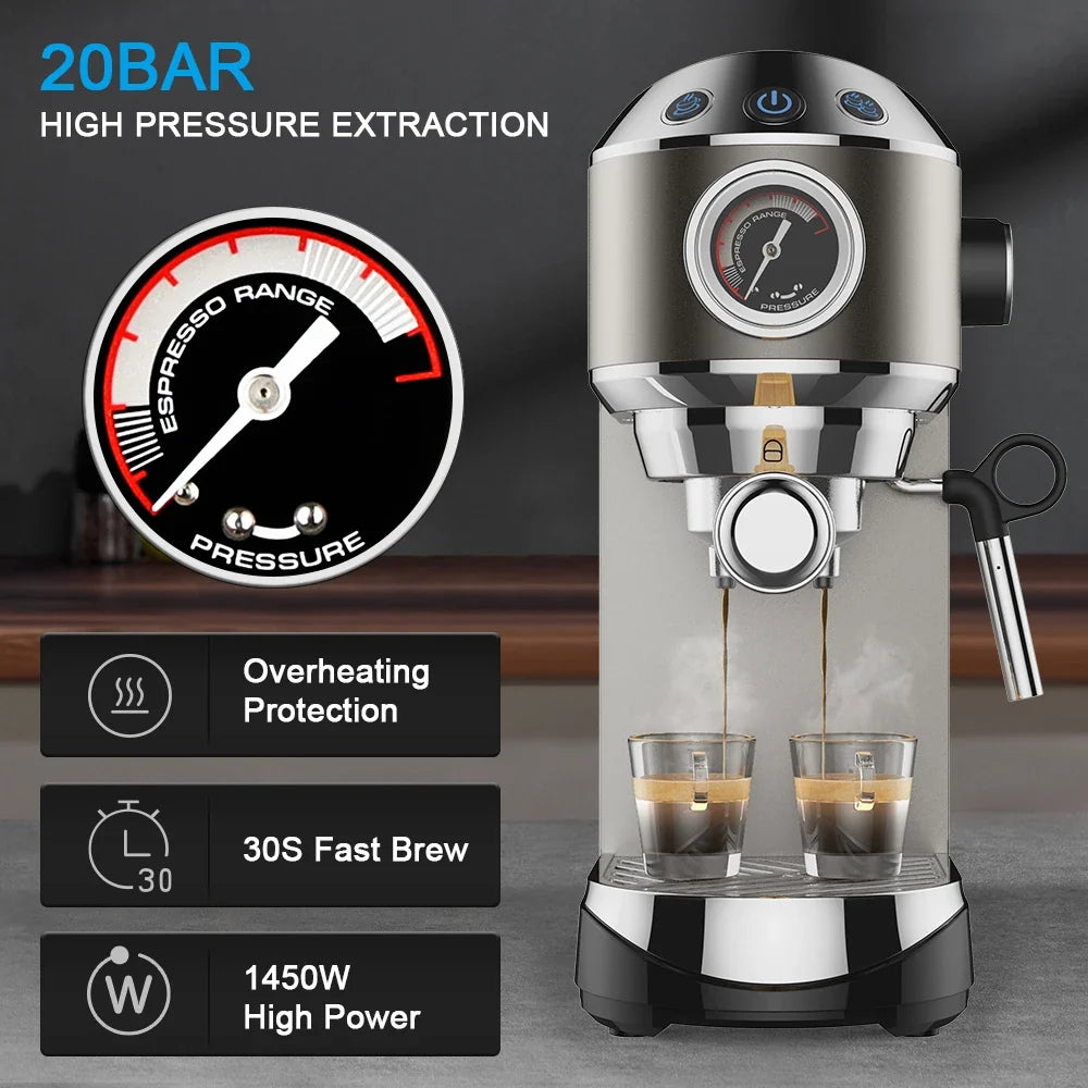 Espresso Maker with 20 Bars Pressure, Steam Frother, 1.1L Tank