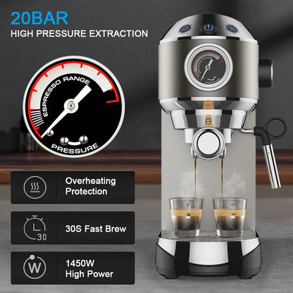 Espresso Maker with 20 Bars Pressure, Steam Frother, 1.1L Tank