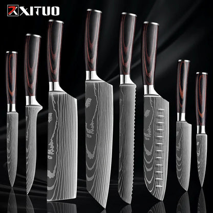 Kitchen Knife Collection - 1-9 Pieces Stainless Steel Chef, Santoku & Fruit Knives with Ergonomic Pakkawood Grip