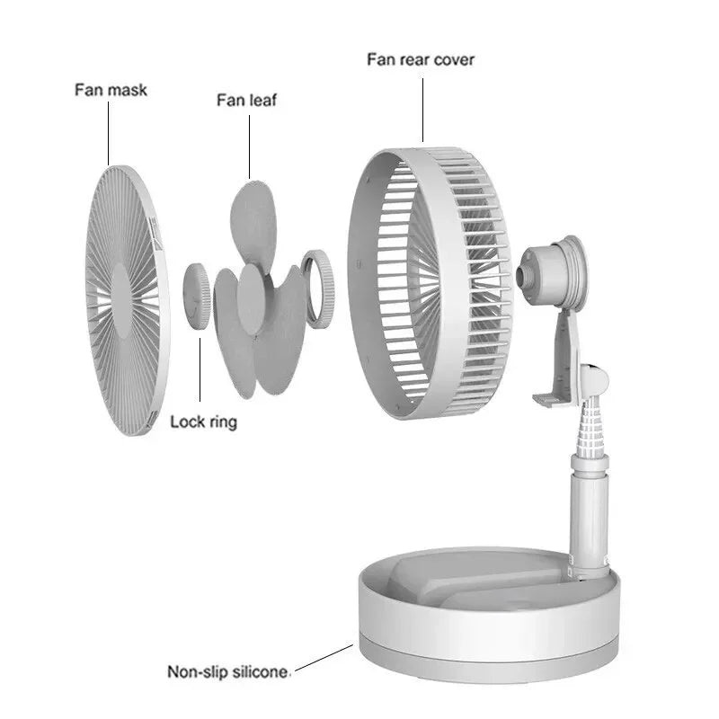 Portable Folding Fan with 7200mAh Rechargeable Battery – Low Noise, 4 Speeds