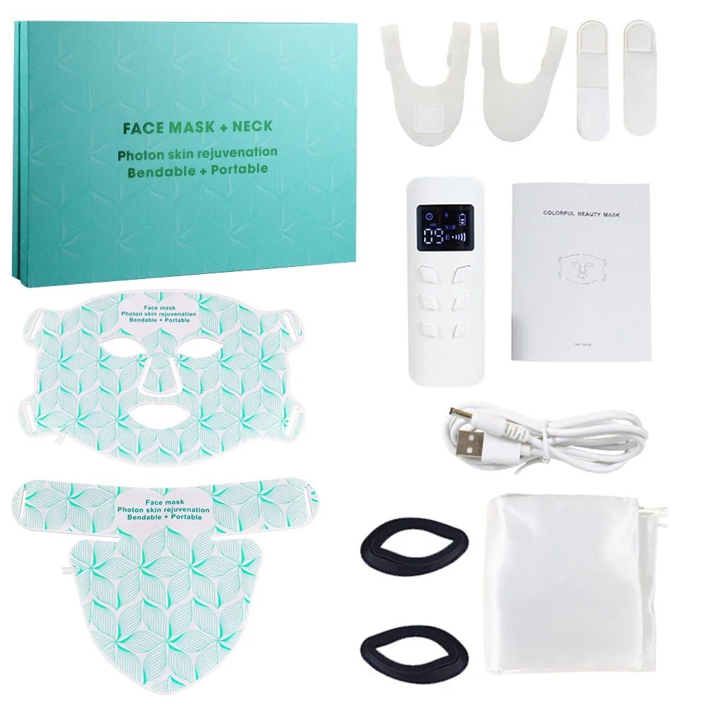 LED Face and Neck Mask with 8 Colors, 480 Lights, Rechargeable Battery, Silicone Design & Timer Options of 10/20/30 Minutes