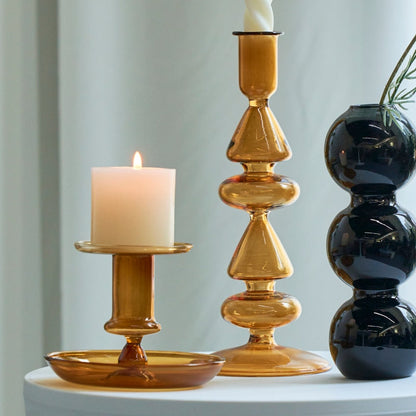 Contemporary Glass Candle Holder in Amber Color