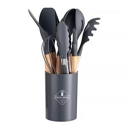 Silicone Cooking Utensils Set - 12 Pieces with Wooden Handles