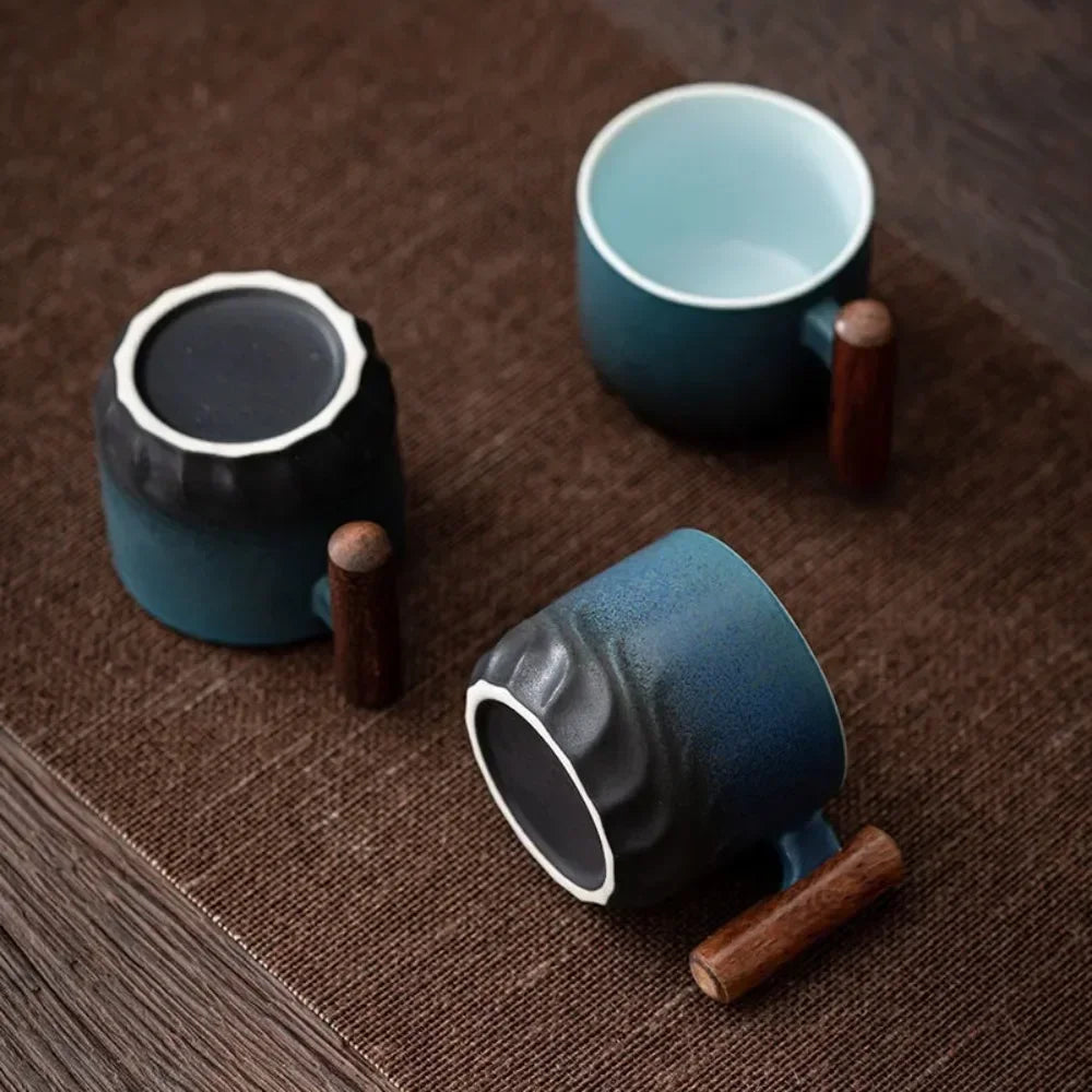 Retro Ceramic Espresso Mugs Featuring Wooden Handles