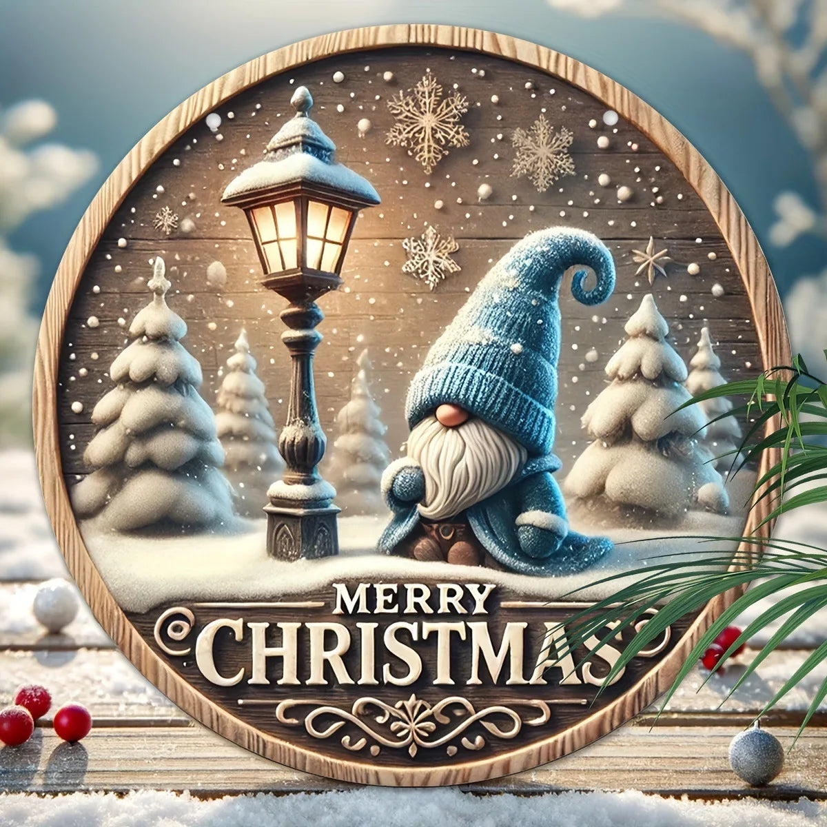 Round Wooden Christmas Sign - "Merry Christmas" - Traditional Door and Wall Decor