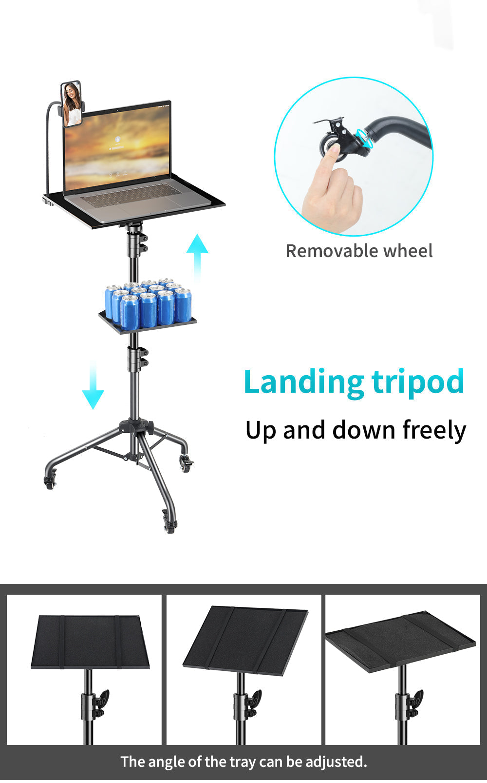 Portable Laptop Stand with Adjustable Height, Removable Wheels, and Dual Trays