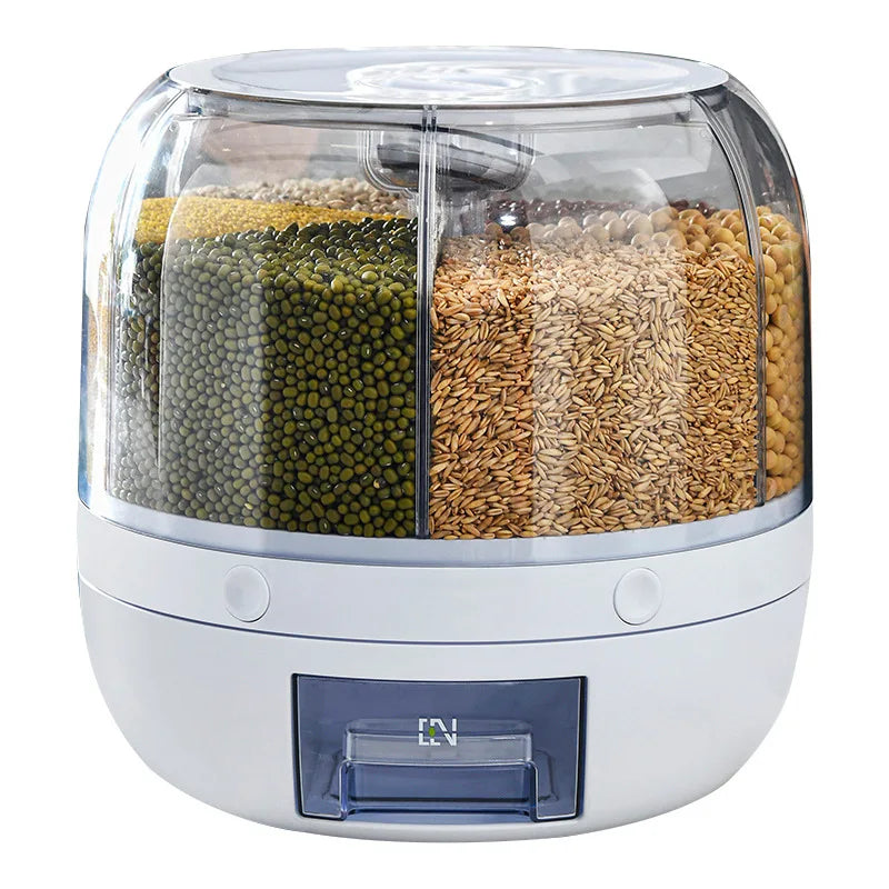 Revolving Grain Storage Dispenser with Clear View Design