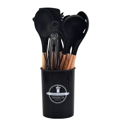 Kitchen Utensil Set - 12-Piece Silicone with Wooden Handle for Cooking, Frying & Serving