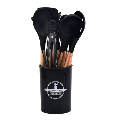 Kitchen Utensil Set - 12-Piece Silicone with Wooden Handle for Cooking, Frying & Serving