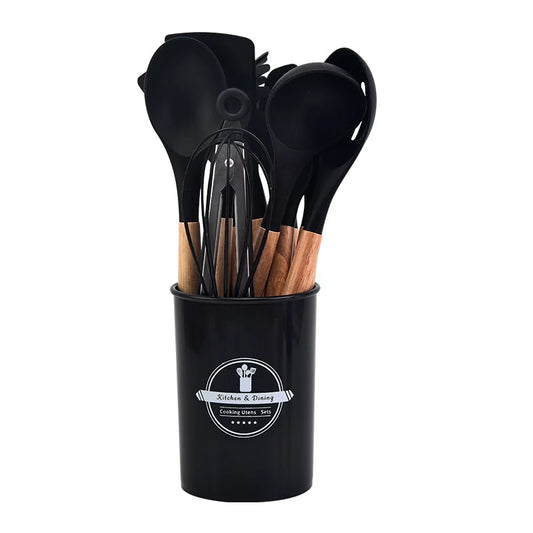 Kitchen Utensil Set - 12-Piece Silicone with Wooden Handle for Cooking, Frying & Serving