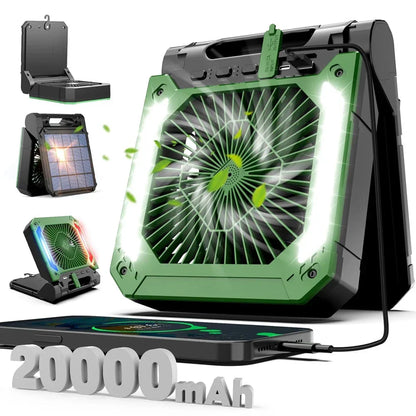 Portable 20000mAh Electric Fan with LED Light - USB, Solar & Car Charging for Camping