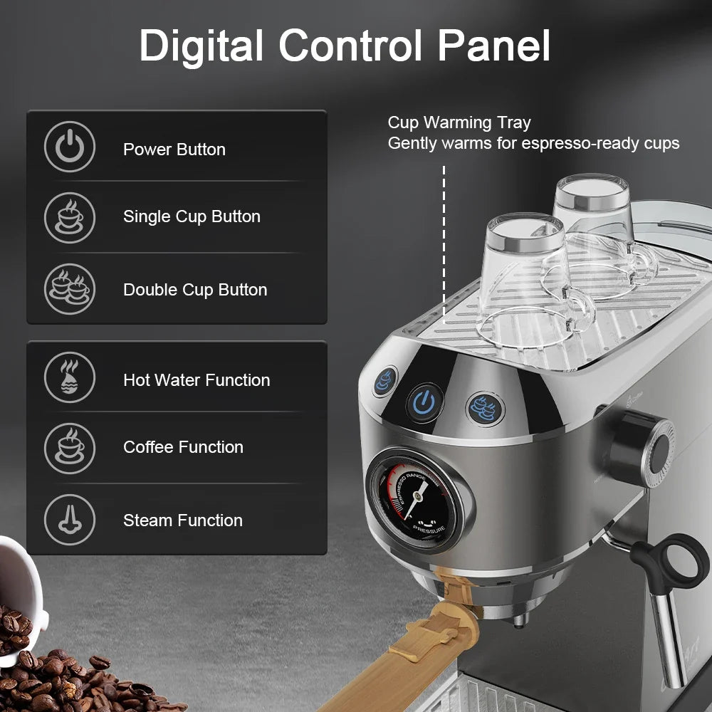 Espresso Maker with 20 Bars Pressure, Steam Frother, 1.1L Tank