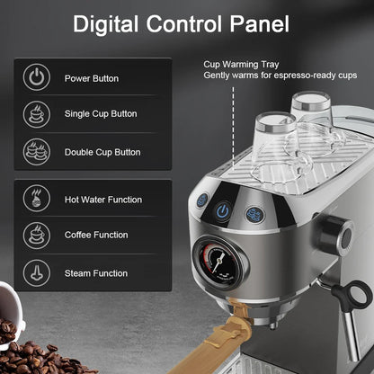 Espresso Maker with 20 Bars Pressure, Steam Frother, 1.1L Tank